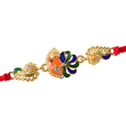 Gold-Toned Lord Ganesha Rakhi with Peacock Feather Enamel, Crystal Accents & Designer Red Thread