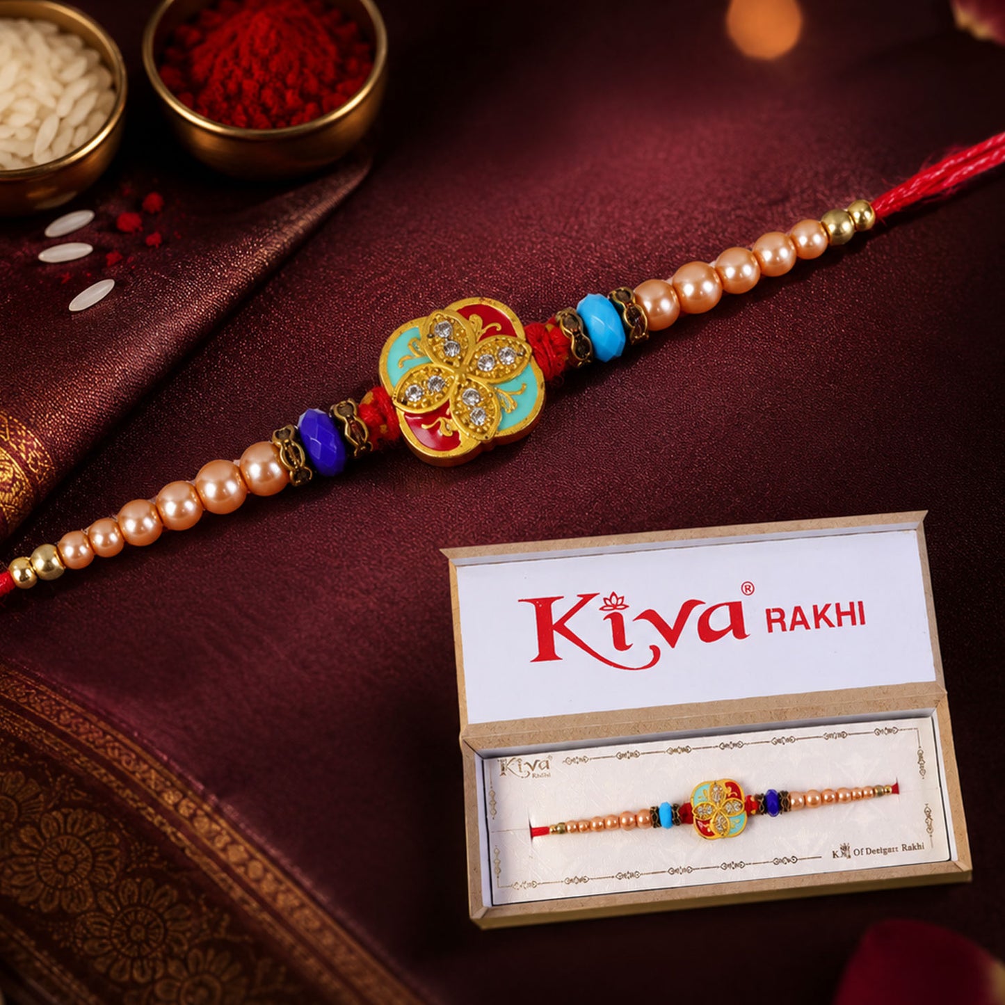 Royal Turquoise Meenakari Floral Rakhi for Brother with Pearls & Beads