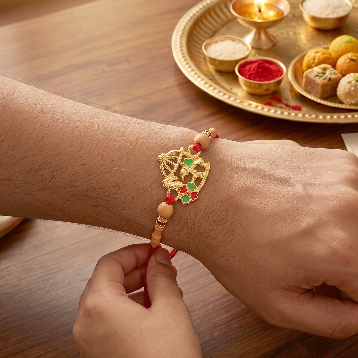 Golden Bow and Arrow Rakhi for Boys with Red Thread and Beads
