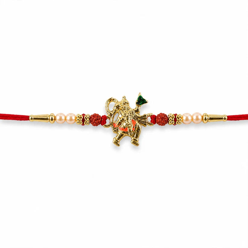 Golden Hanuman Ji Motif Enamel Pearl Beads Traditional Rakhi (5pcs)