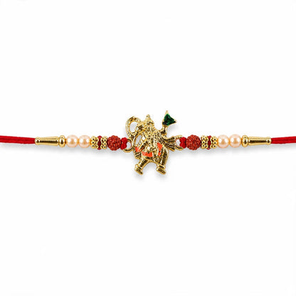 Golden Hanuman Ji Motif Enamel Pearl Beads Traditional Rakhi (5pcs)