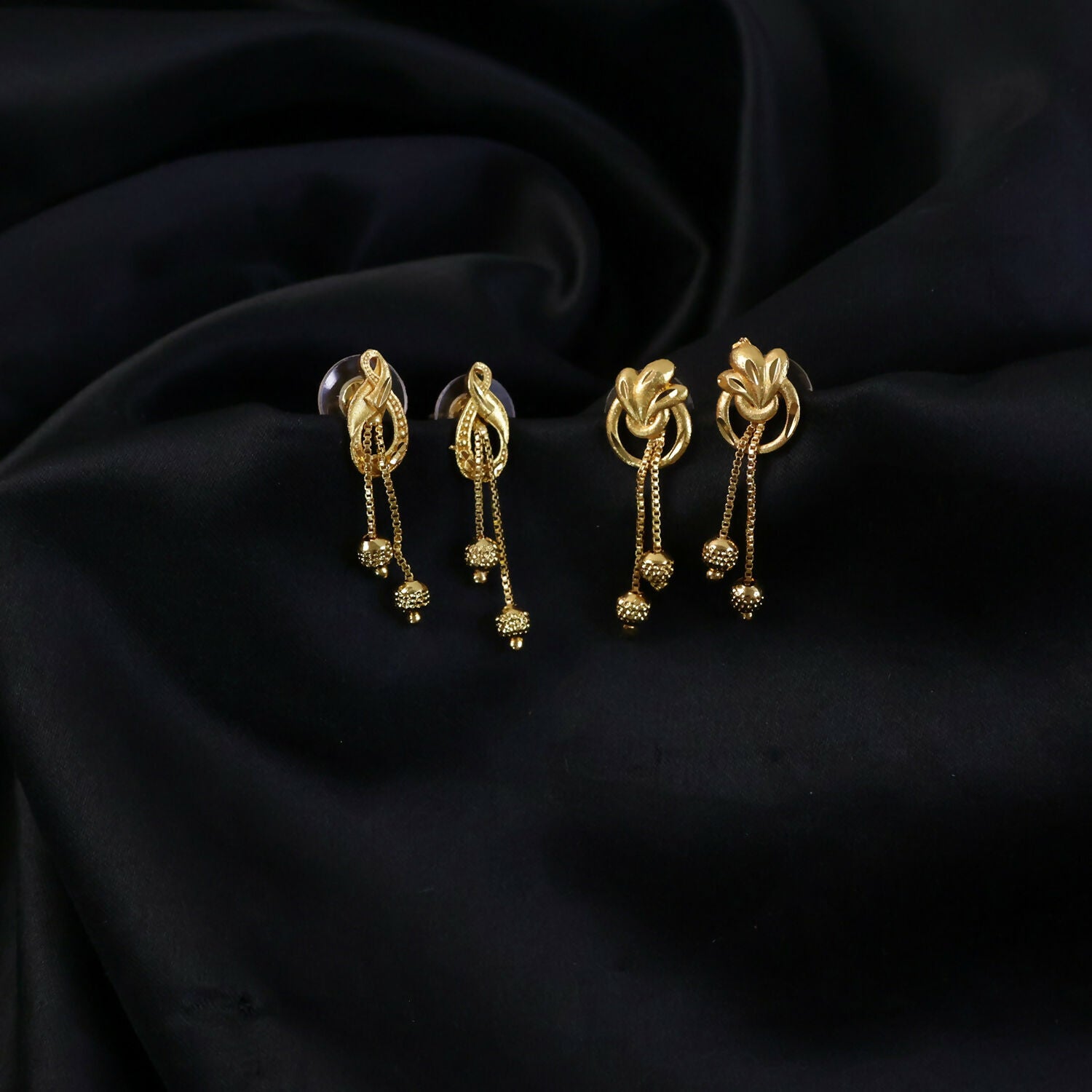 Regal Floral Gold Drop Earrings with Cascading Chain Bead Statement Design (2 Pair)