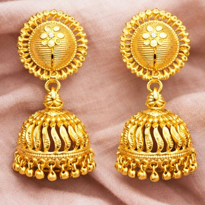 Pair of lightweight gold plated jhumka earrings perfect for weddings and festivals