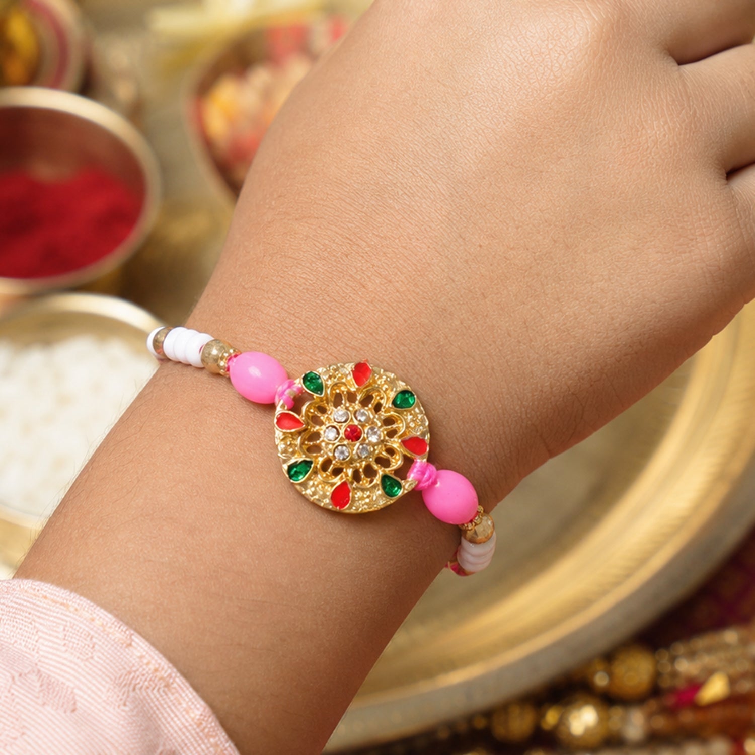 Round Floral Kundan Rakhi with Beads for Raksha Bandhan Special (10pcs)