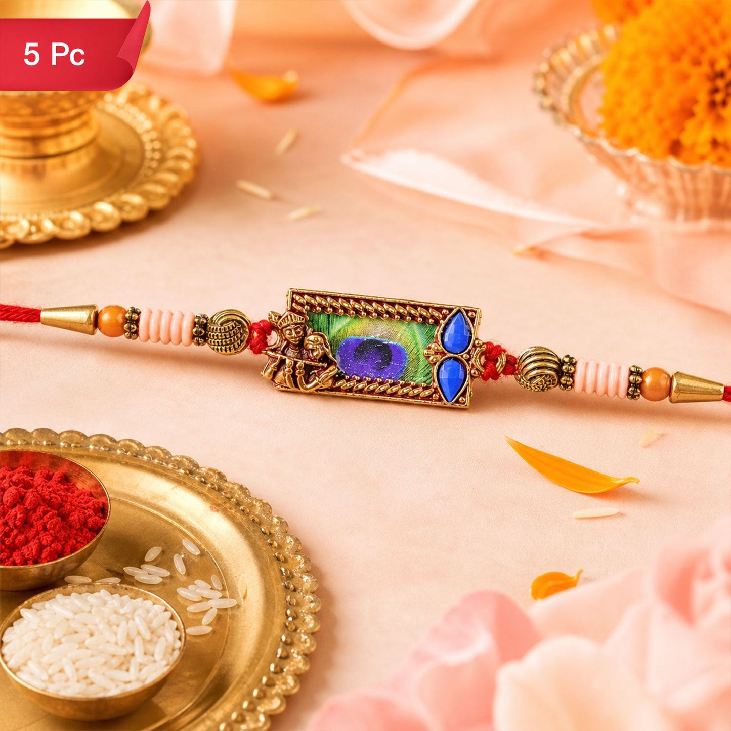 Radha Krishna Rakhi Mor Pankh Design for Brothers on Raksha Bandhan (5pcs)