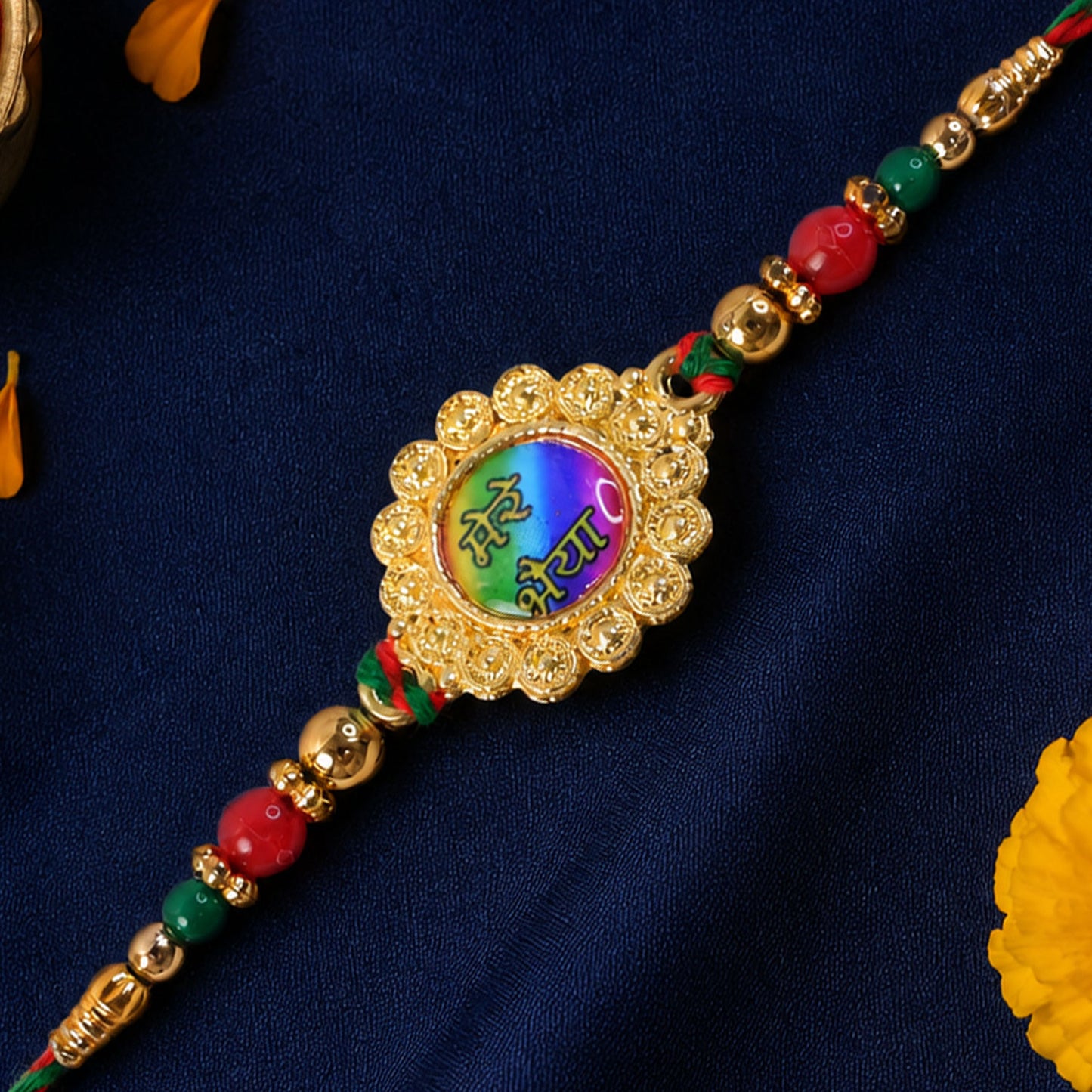 Bold Rakhi featuring Rainbow Devanagari Plaque, bead line and gift style for Gift Use