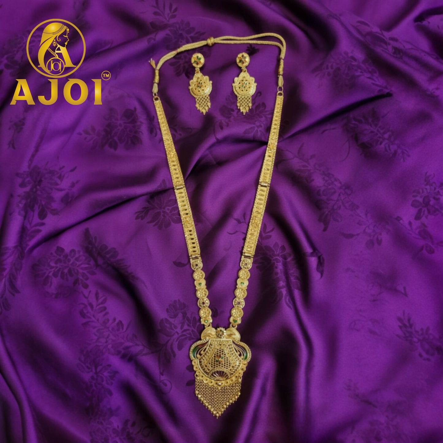 Side view of Heritage Glow long necklace set showcasing traditional craftsmanship