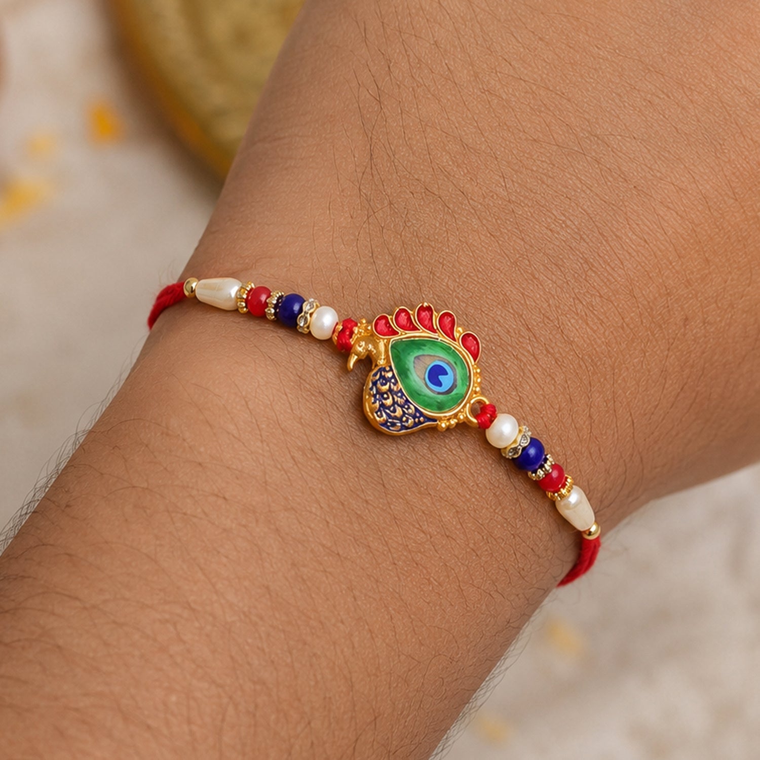 Peacock Feather Rakhi Golden Enamel Pearl Beads for Brother (10pcs)