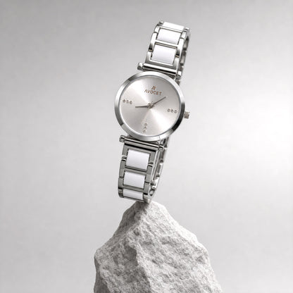 Silver Round Shape Dial Watch with White Metal Strap Design for Women