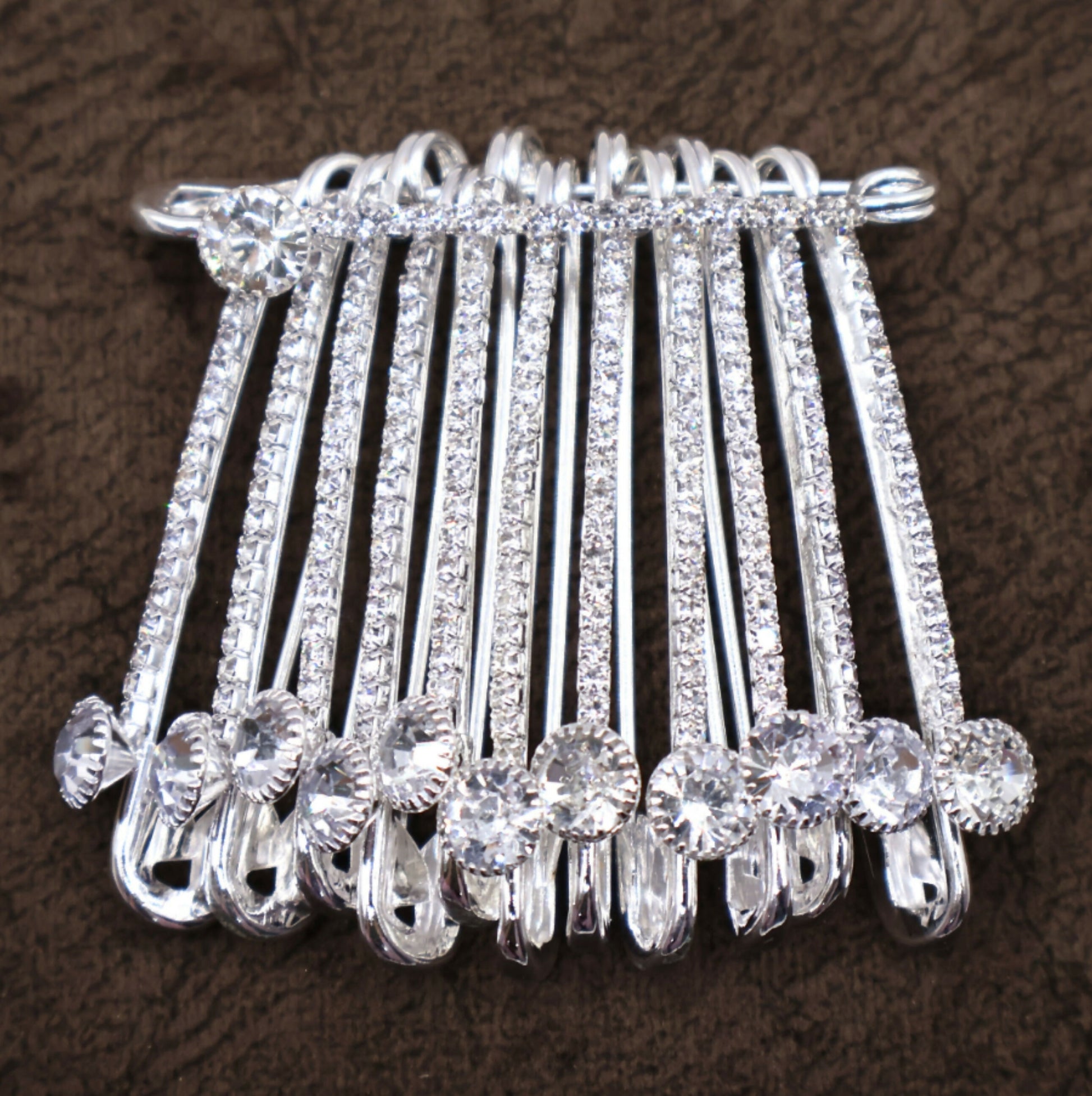 Silver Tone Crystal Dangle Saree Pin Brooch - 12 Pin Rhinestone Clip