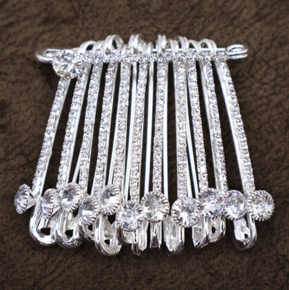 Silver Tone Crystal Dangle Saree Pin Brooch - 12 Pin Rhinestone Clip