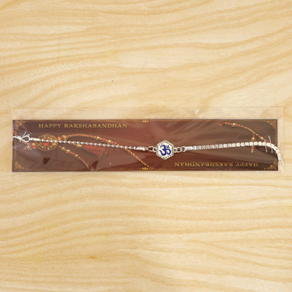 Om Charm Crystal Studded Enamel Silver Chain Designer Rakhi
