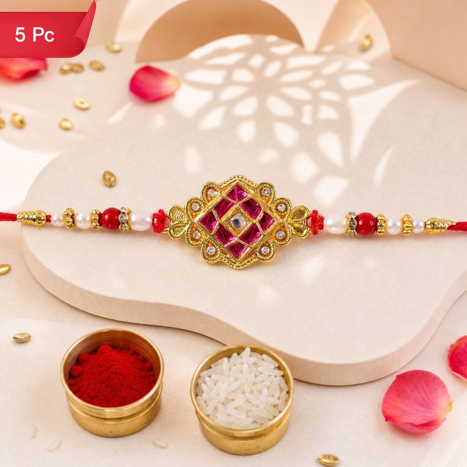 Kundan Beaded Floral Rakhi for Raksha Bandhan Gift (5pcs)
