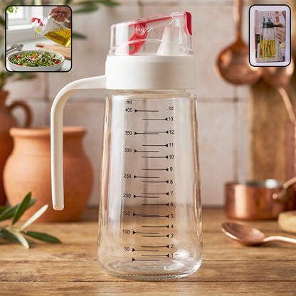 500ml Glass Oil Dispenser Bottle on Kitchen Counter with Close-up of Pouring and Side Handle
