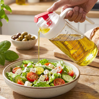 Hand Pouring Olive Oil from Glass Dispenser Bottle with Red Auto-Flip Lever onto Salad