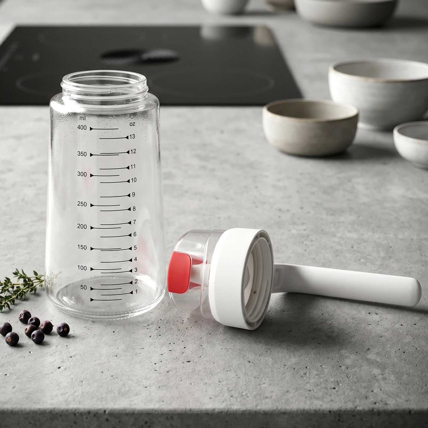 Disassembled Glass Oil Dispenser Bottle Showing Glass Body and Auto-Flip Cap