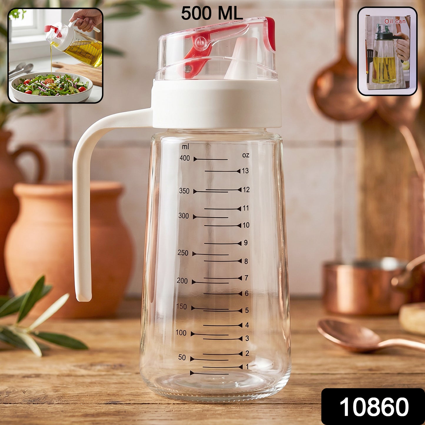 500ml Glass Oil Dispenser Bottle with Auto-Flip Cap and Measurement Markings Pouring Oil on Salad