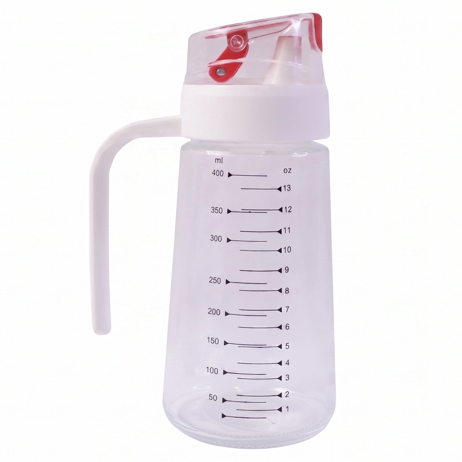 Clear 500ml Glass Oil Dispenser Bottle with White Side Handle and Red Auto-Flip Lid on White Background