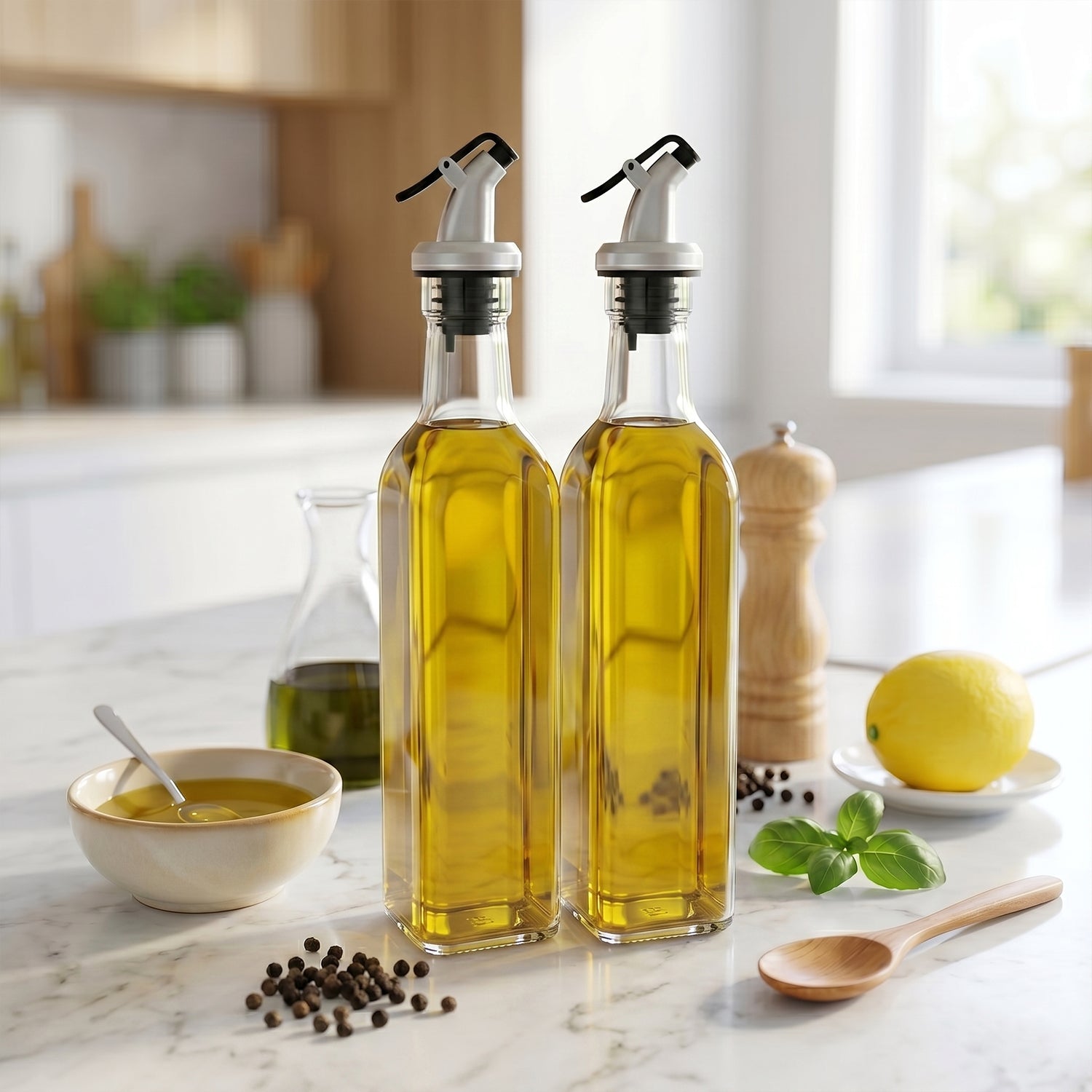 Glass Oil Dispenser Bottle Filled with Olive Oil in Kitchen