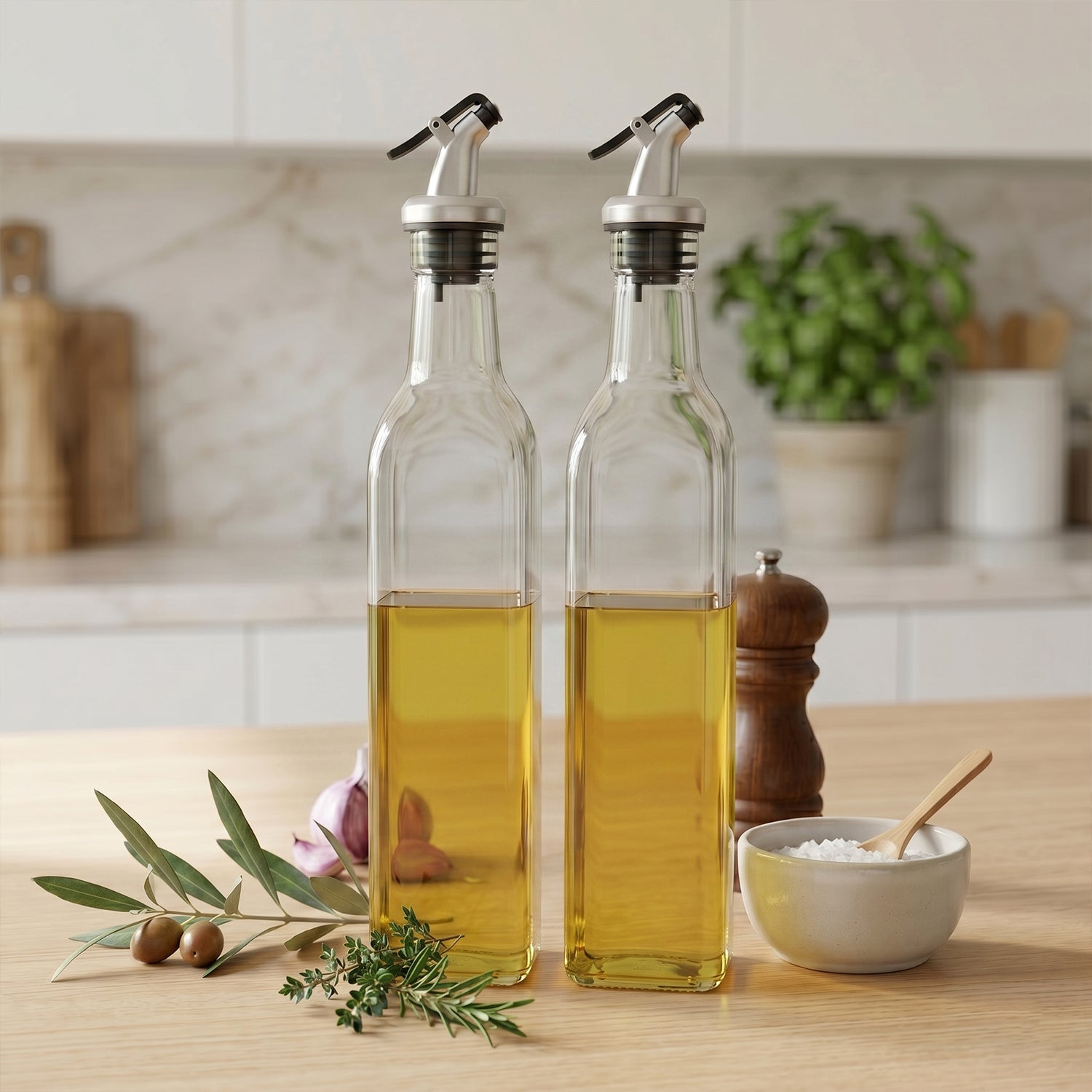 Glass Oil Dispenser Bottle Half Full with Olive Oil and Vinegar