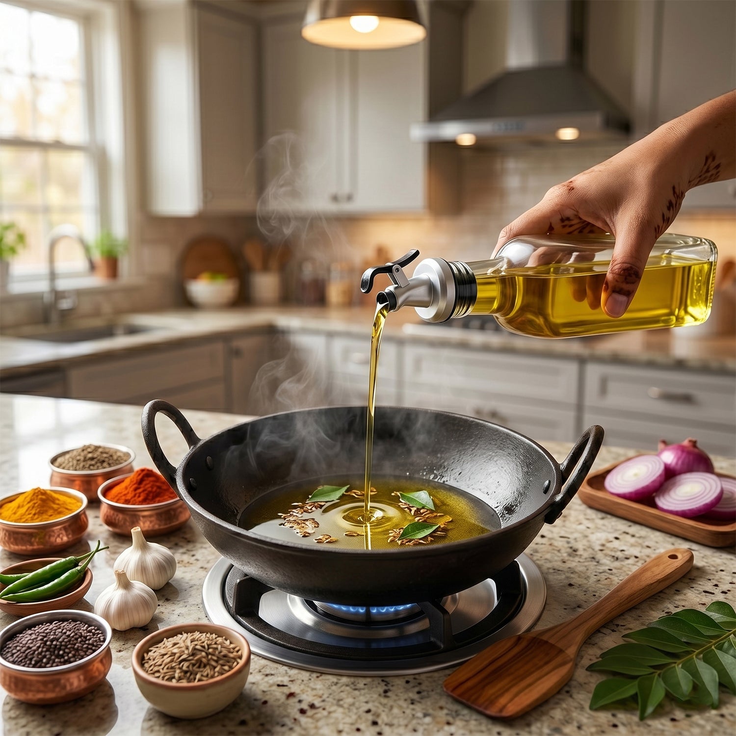 Glass Oil Dispenser Bottle Pouring Oil in Pan Cooking