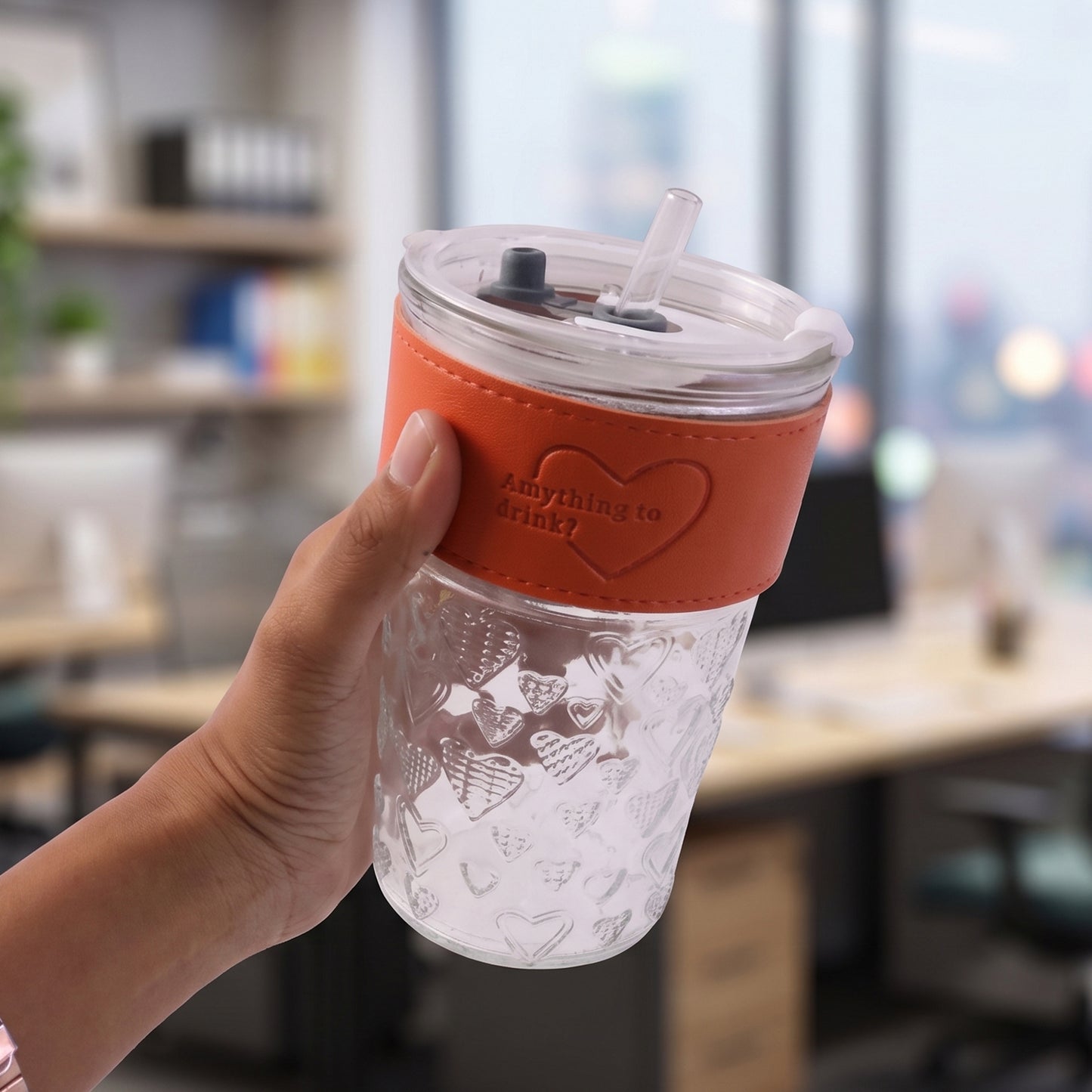 Glass Drinking Tumbler with Lid Transparent Water Juice Glass for Home (1 Pc)