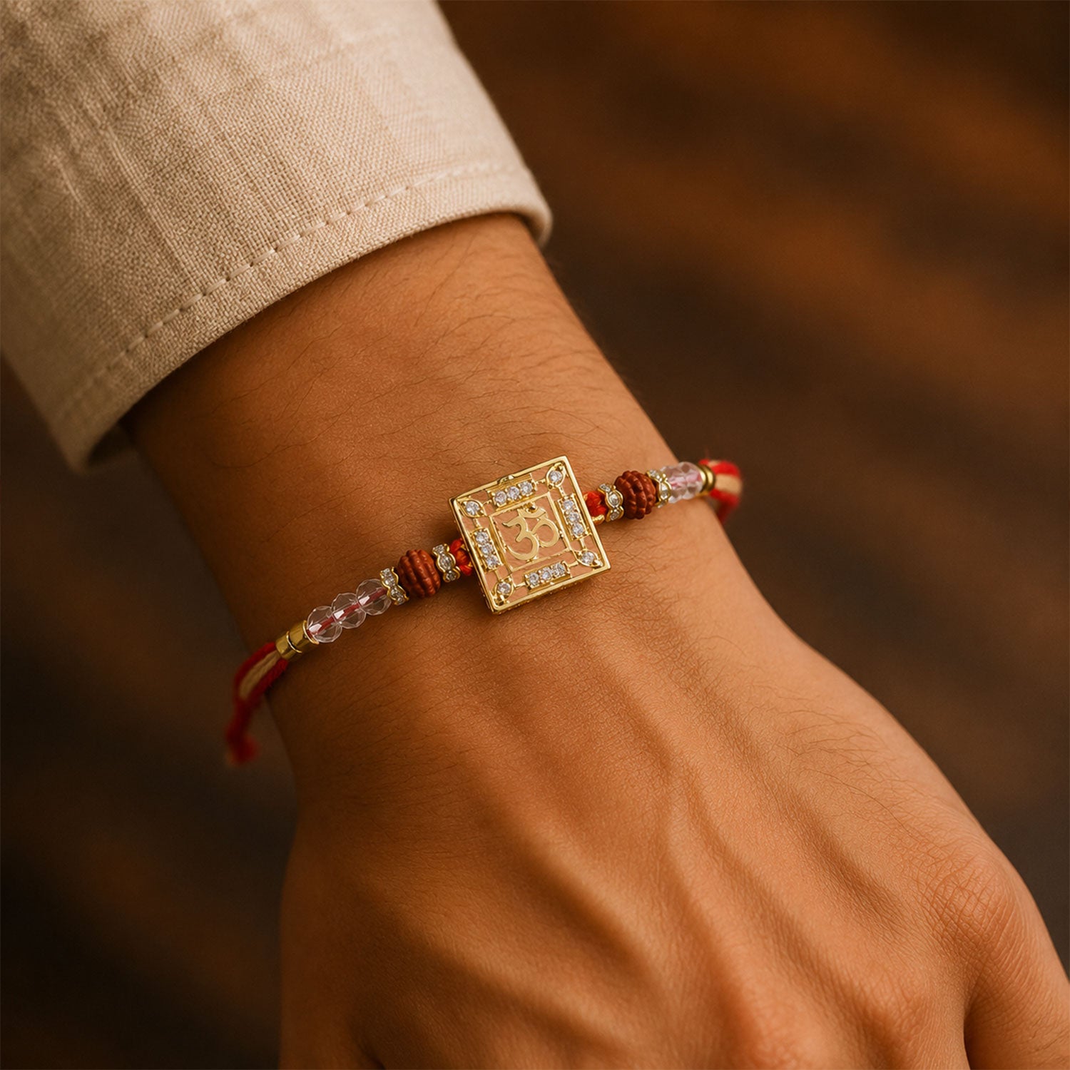 Auspicious Om Symbol AD Rudraksha Rakhi for Brother, Crystal Beads Gift