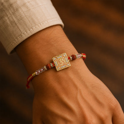 Auspicious Om Symbol AD Rudraksha Rakhi for Brother, Crystal Beads Gift