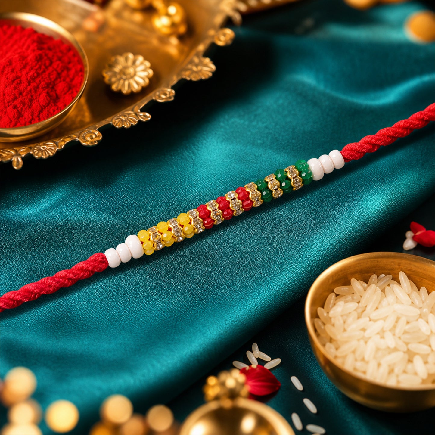 Red Braided Rakhi with Green, Yellow and White Bead Pendant Row
