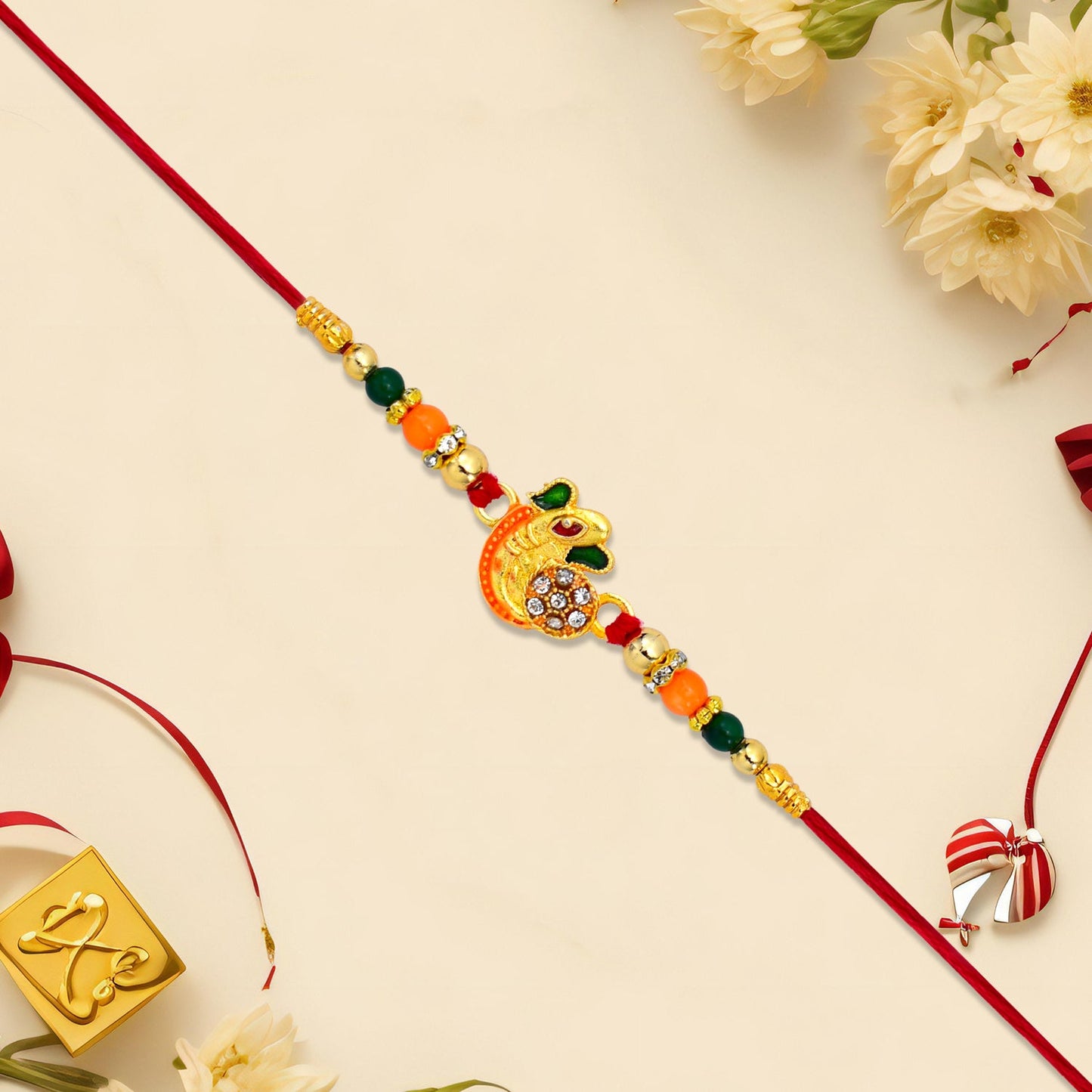 Om Rakhi for Brother Traditional Multicolor Beads on Red Thread (10pcs)