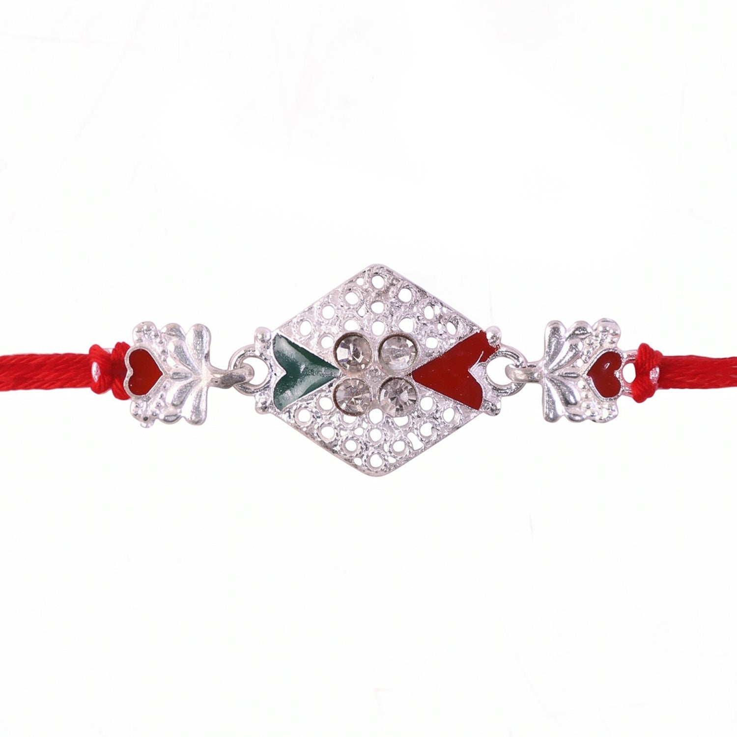 Silver Elephant Charm Rakhi with Red Green Stones and Crystals