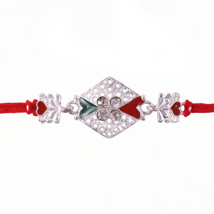 Silver Elephant Charm Rakhi with Red Green Stones and Crystals