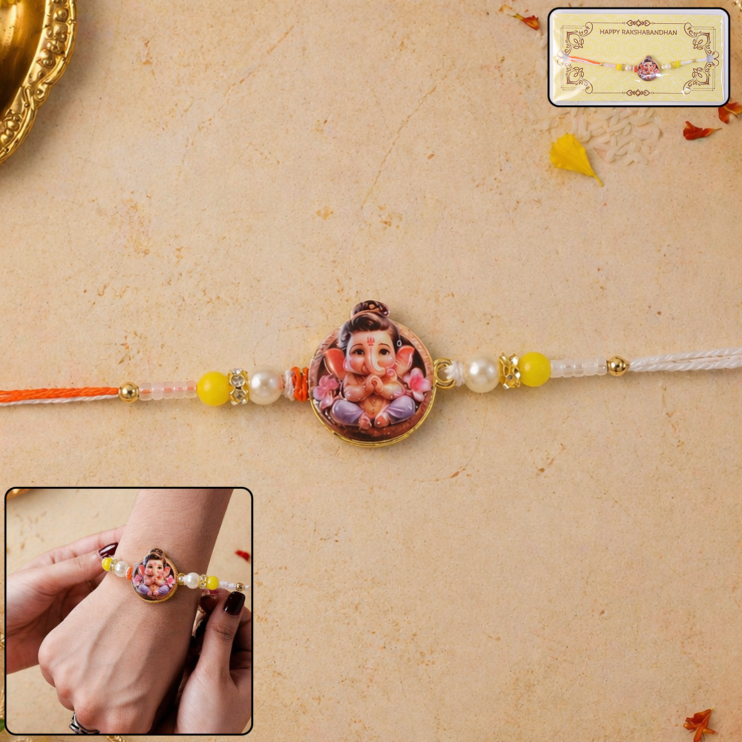 Ganesh Ji Premium Beaded Rakhi Symbol of Blessings & Prosperity (5pcs)