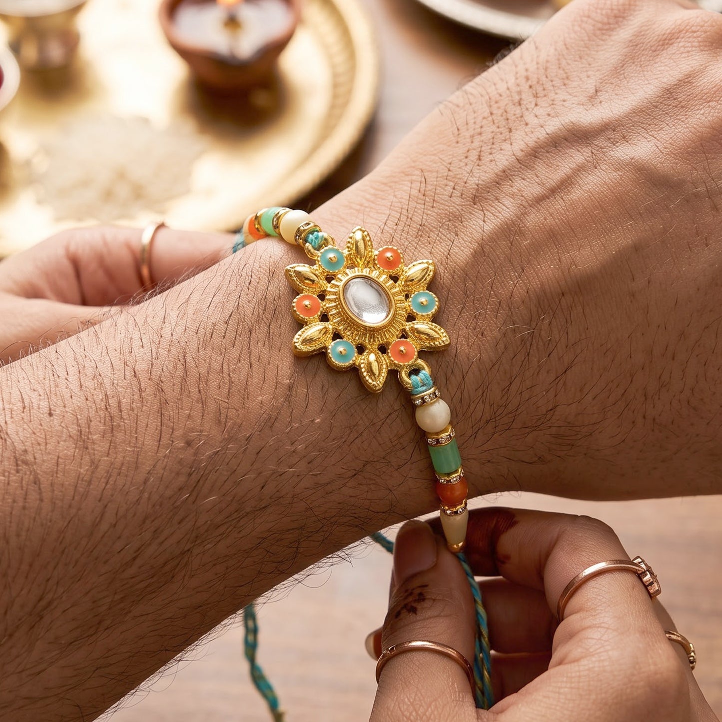 Sunflower Kundan Mirror Pendant Rakhi with Pastel Beads