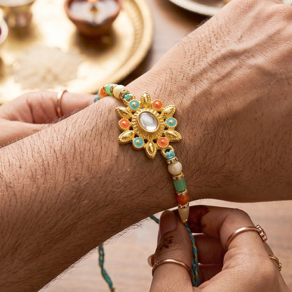 Sunflower Kundan Mirror Pendant Rakhi with Pastel Beads