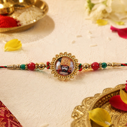 Khatu Shyam Ji Pendant Rakhi with Red and Green Beads