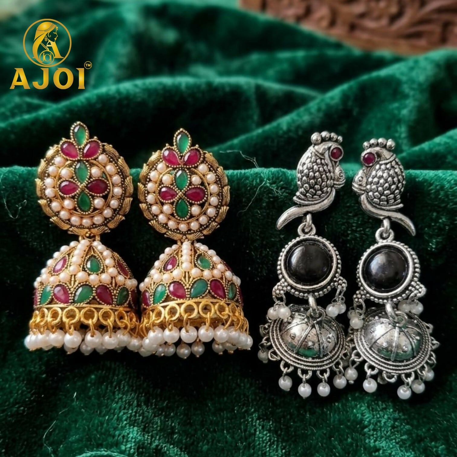 Traditional Jhumka & Oxidized Peacock Earrings Set of 2