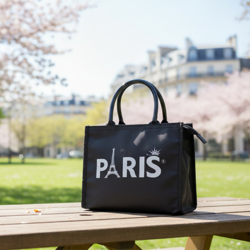 Multicolor Paris Reusable Shopping Bag with Eiffel Tower Print – Foldable Eco Tote Bag with Zipper & Handles – Durable Travel, Grocery, and Everyday Carry Bag