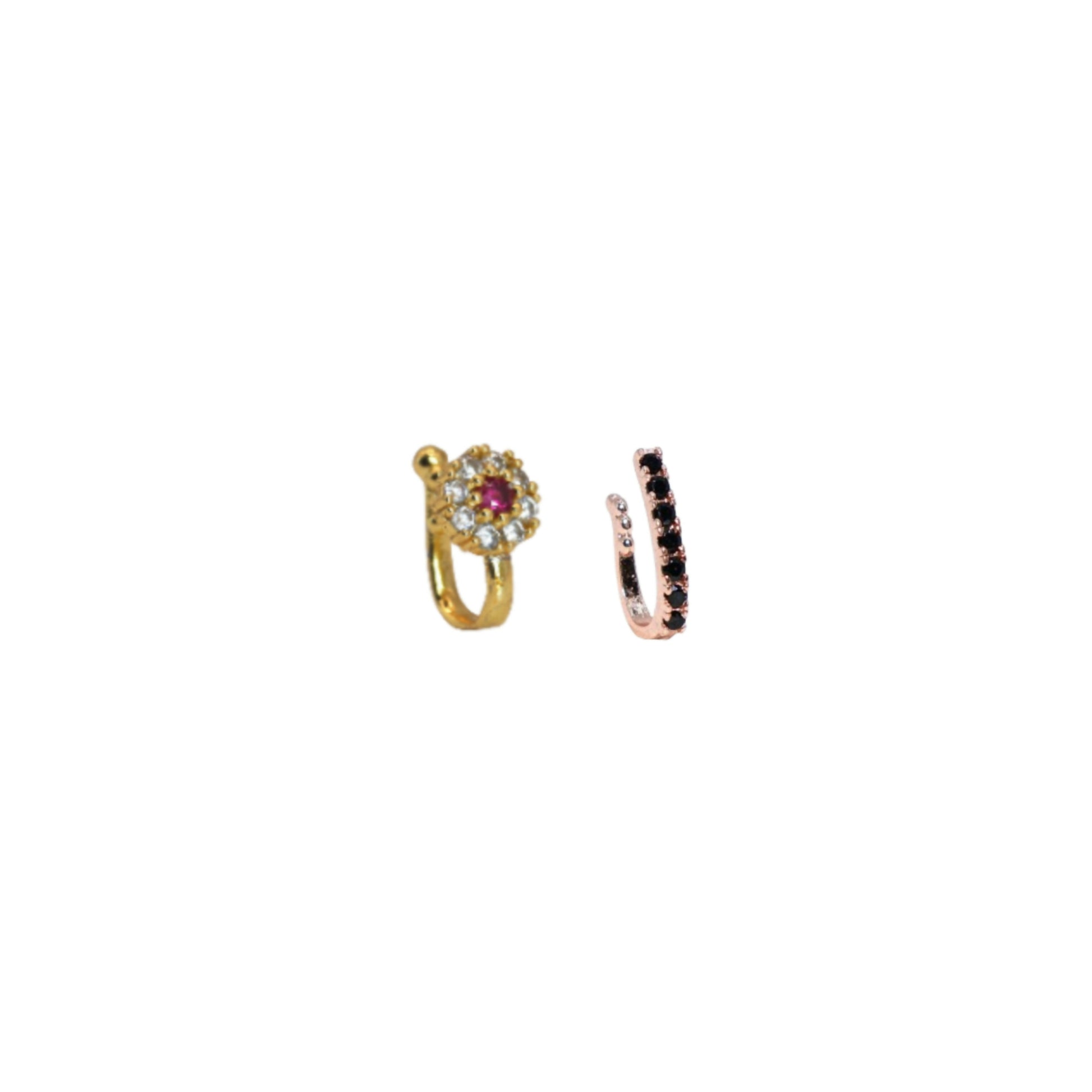 Close-up of gold-plated CZ flower clip-on nose cuff with red center stone