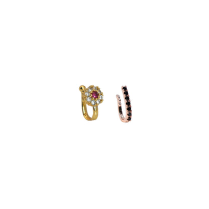 Close-up of gold-plated CZ flower clip-on nose cuff with red center stone