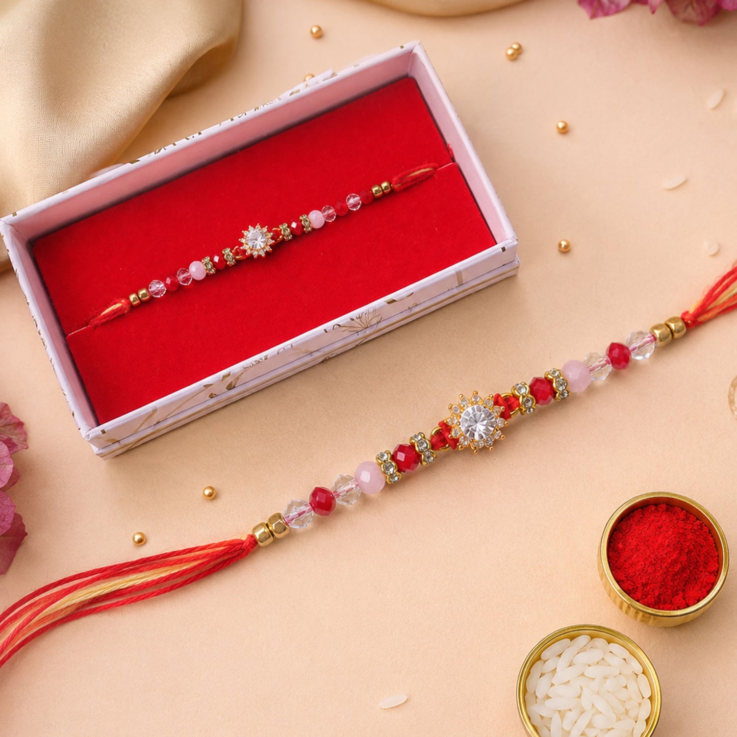 Pink & Red Crystal Sunflower AD Stone Designer Rakhi for Brother Gift