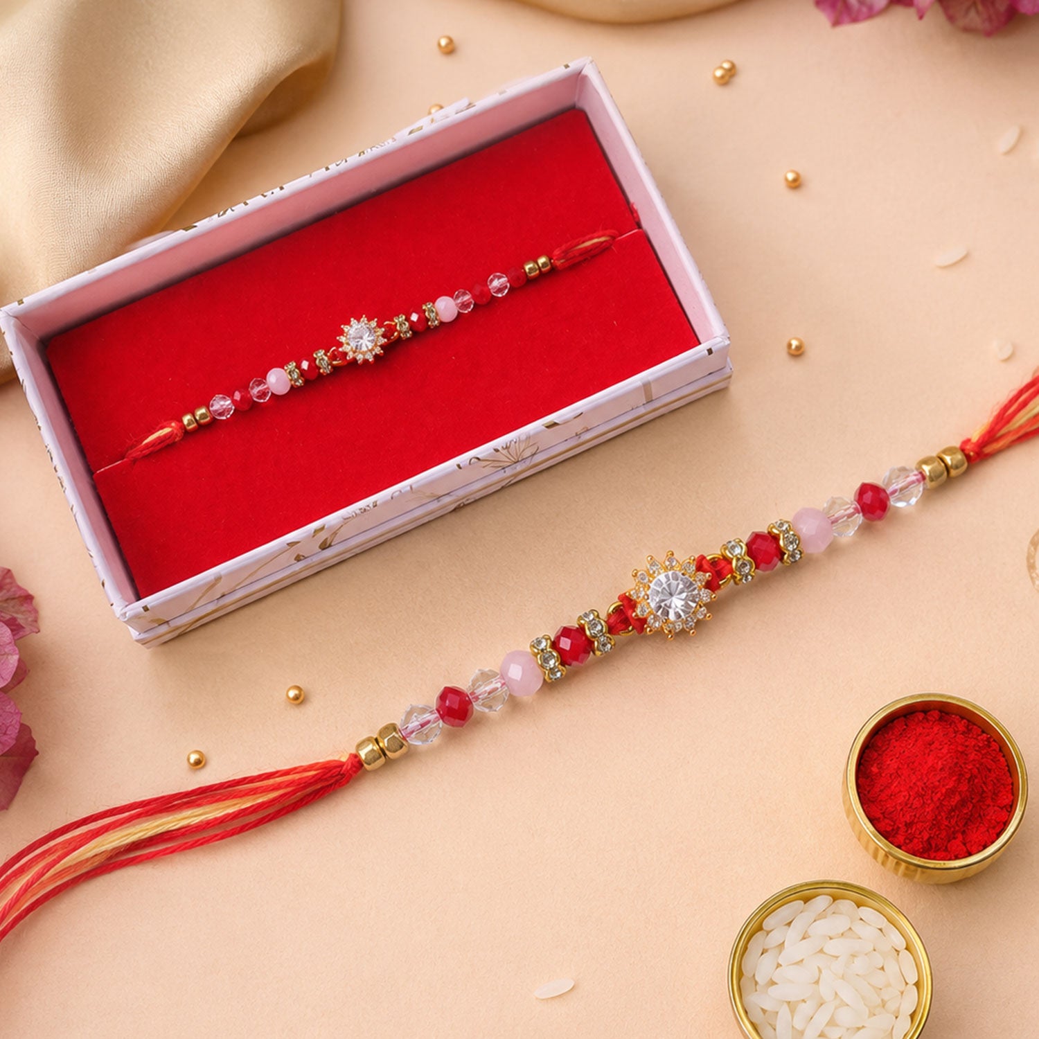 Pink & Red Crystal Sunflower AD Stone Designer Rakhi for Brother Gift