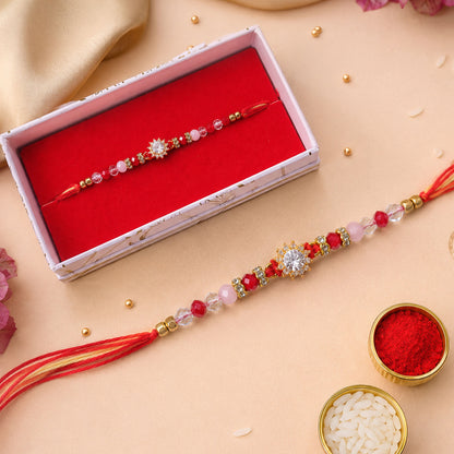 Pink & Red Crystal Sunflower AD Stone Designer Rakhi for Brother Gift