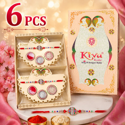Round Red Green Enamel Rakhi with Multicolor Beads, Roli Chawal Coin and Card Packing