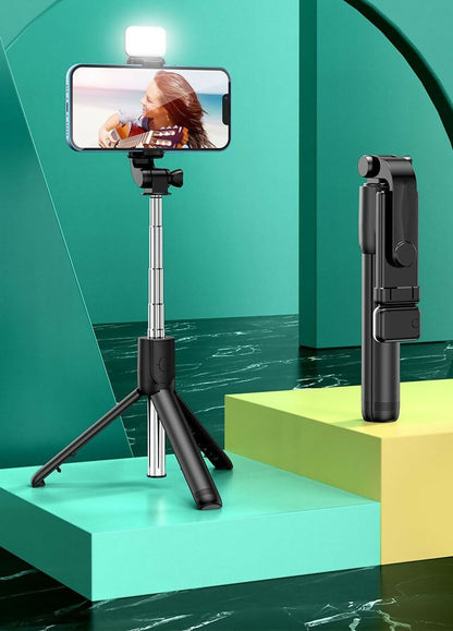 RLS 3-in-1 Selfie Stick Tripod with Detachable Wireless Remote & LED Fill Light for Smartphones – Extendable Portable Selfie Stick Stand with Adjustable Phone Holder for Selfies, Vlogging, Video Calls & Travel