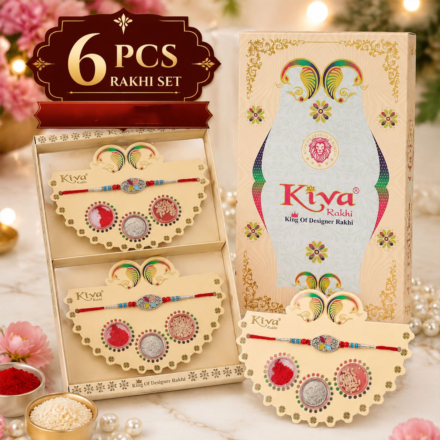 Silver Oval Floral Stone Rakhi with Color Petal Centre, Roli Chawal Coin and Card Packing
