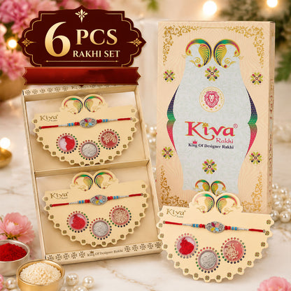Silver Oval Floral Stone Rakhi with Color Petal Centre, Roli Chawal Coin and Card Packing