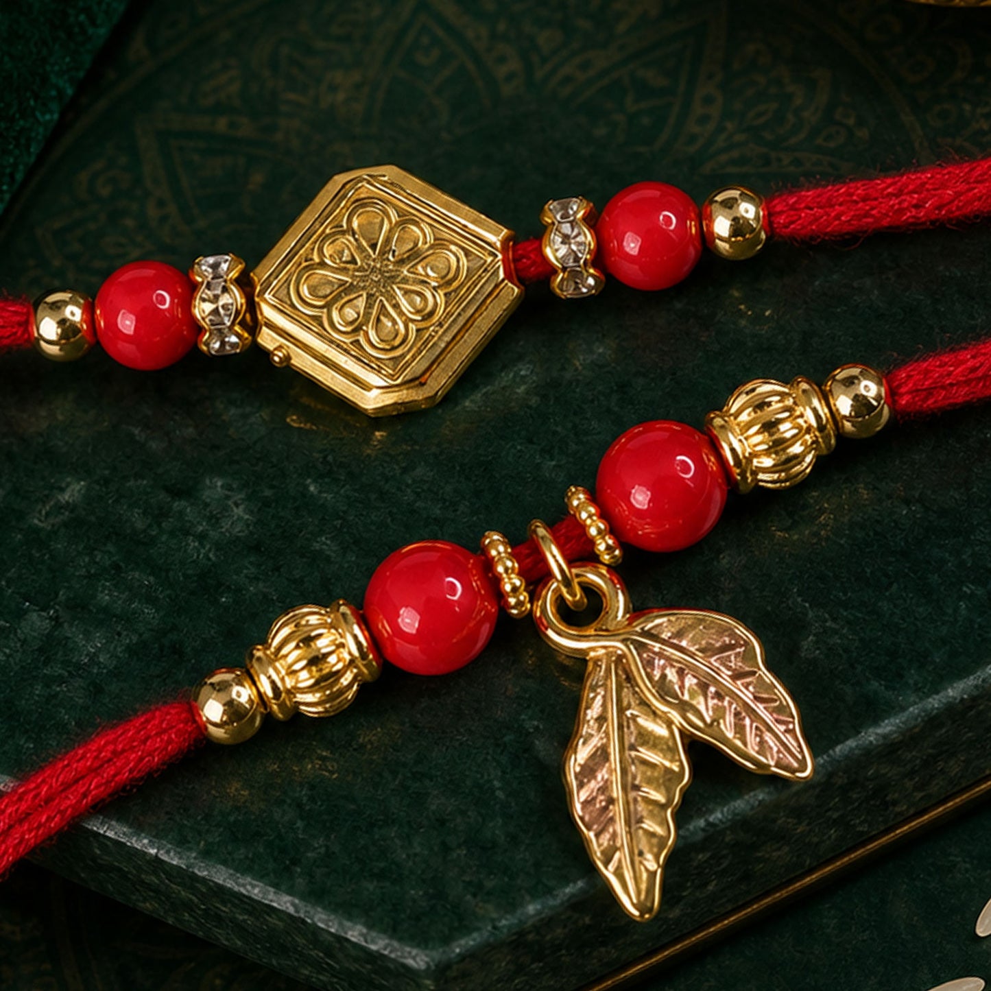 Red Bead Floral Rakhi Pair with Leaf Charms for Bhaiya Bhabhi Couple Celebration