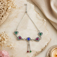 Bohemian Heart & Round Gemstone Silver-Tone Bolo Bracelet with Red, Green, and Blue Stones
