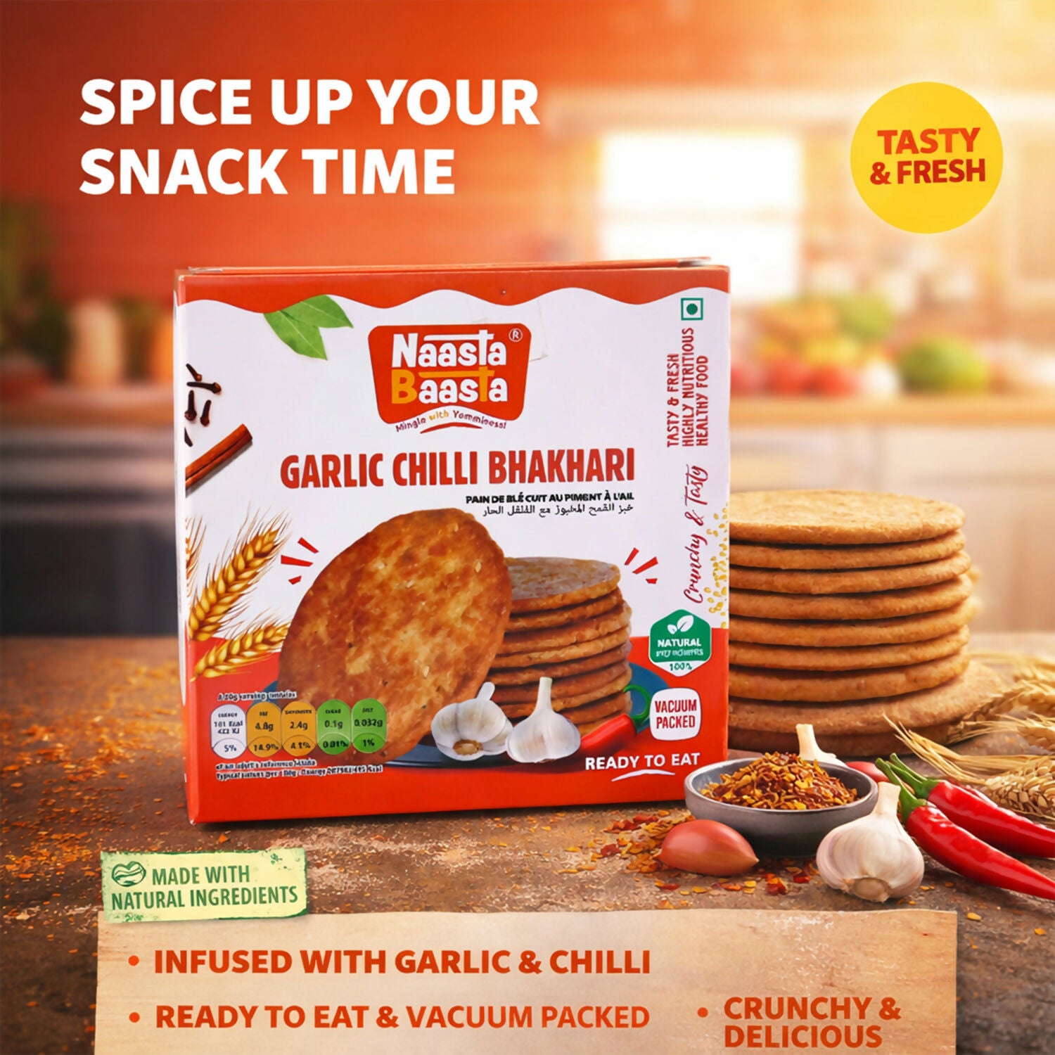 Naasta Baasta Garlic Chilli Bhakhari Ready-to-Eat Crispy Wheat Snack (200 Gm)
